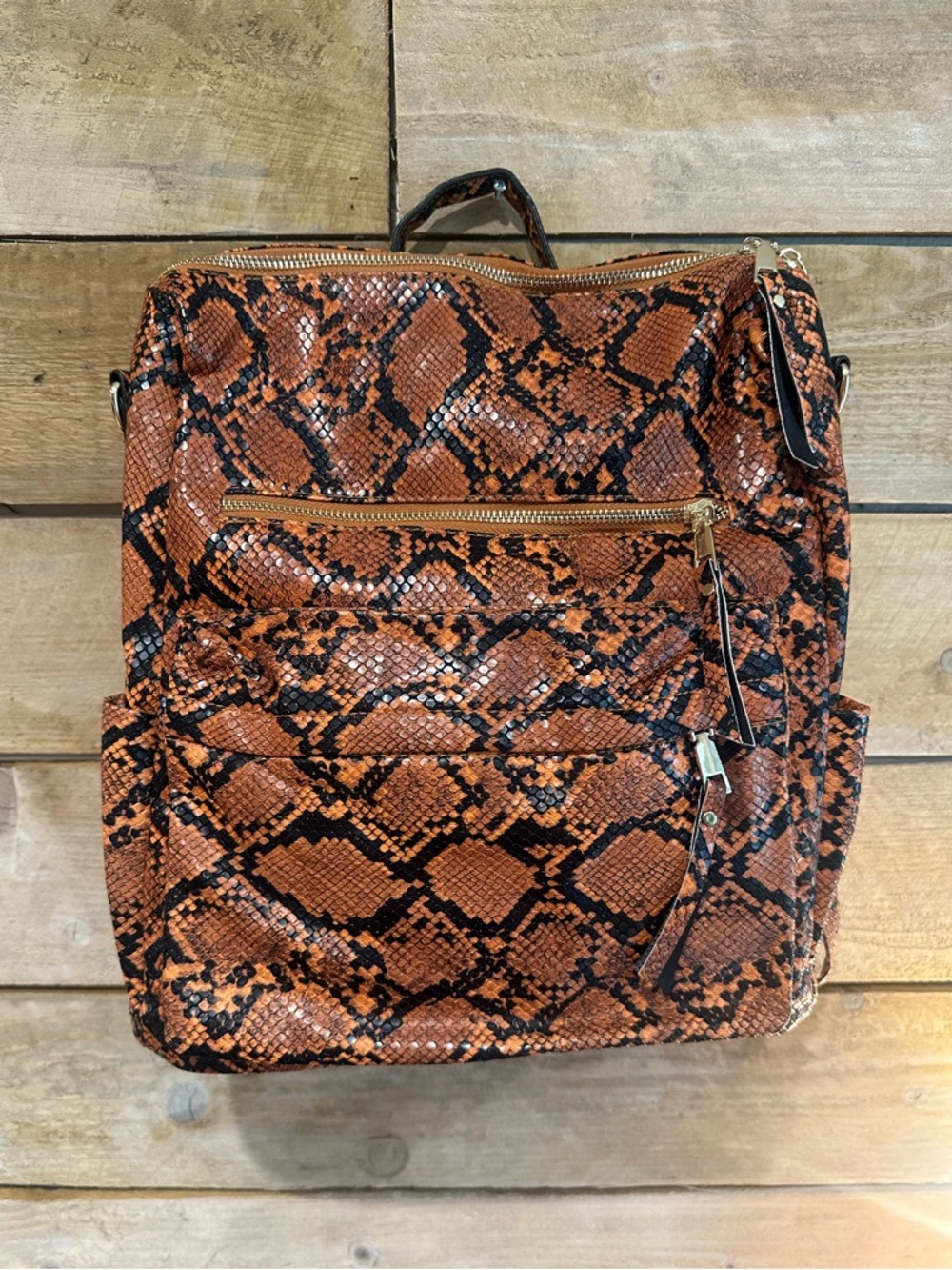 Snakeskin Print Backpack Brown/Black Multi Pocket Gold Hardware